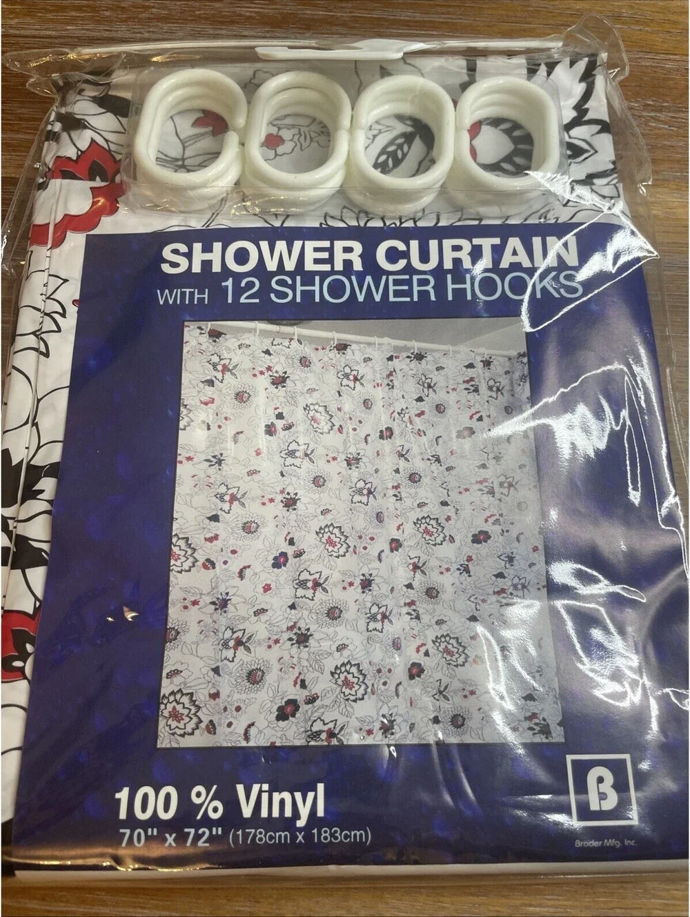 Vinyl Shower Curtain Set with 12 Hooks - White Red Black Floral 70x72